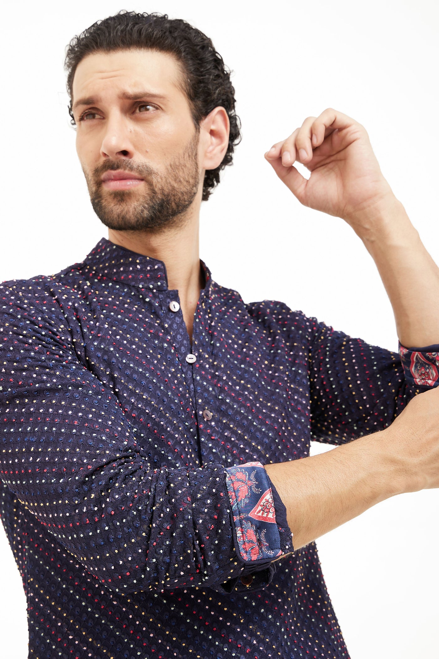 Arjan Dugal French Nerds Kurta With Off White Pant Navy Indian designer wear online shopping melange singapore