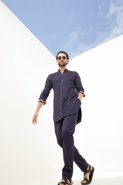 Arjan Dugal French Nerds Kurta With Off White Pant Navy Indian designer wear online shopping melange singapore