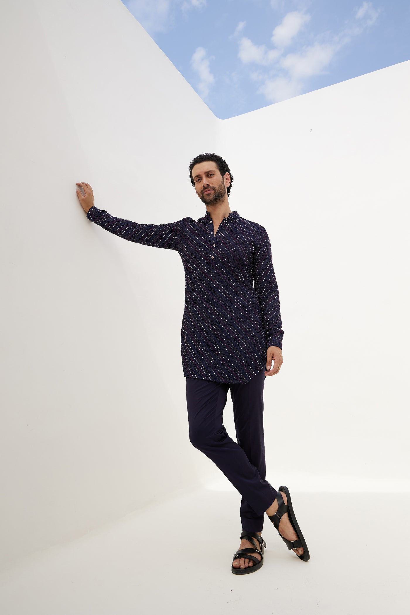 Arjan Dugal French Nerds Kurta With Off White Pant Navy Indian designer wear online shopping melange singapore