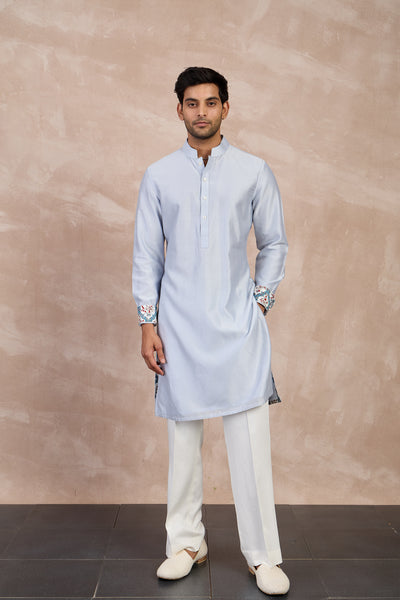 Arjan Dugal Plain Chanderi Straight Kurta Set Powder Blue indian designer wear online shopping melange singapore