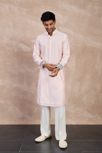 Arjan Dugal Plain Chanderi Straight Kurta Set Powder Pink indian designer wear online shopping melange singapore