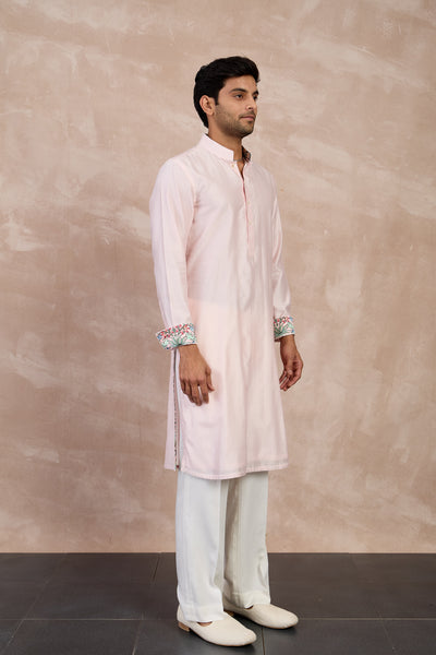 Arjan Dugal Plain Chanderi Straight Kurta Set Powder Pink indian designer wear online shopping melange singapore
