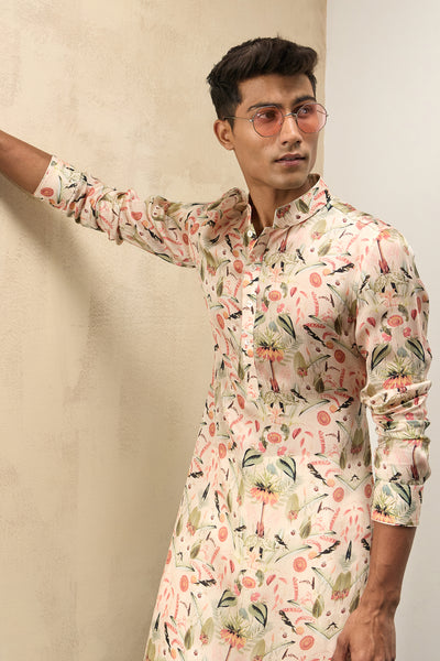 Arjan Dugal Printed Kurta Set Botanical Peach indian designer wear online shopping melange singapore