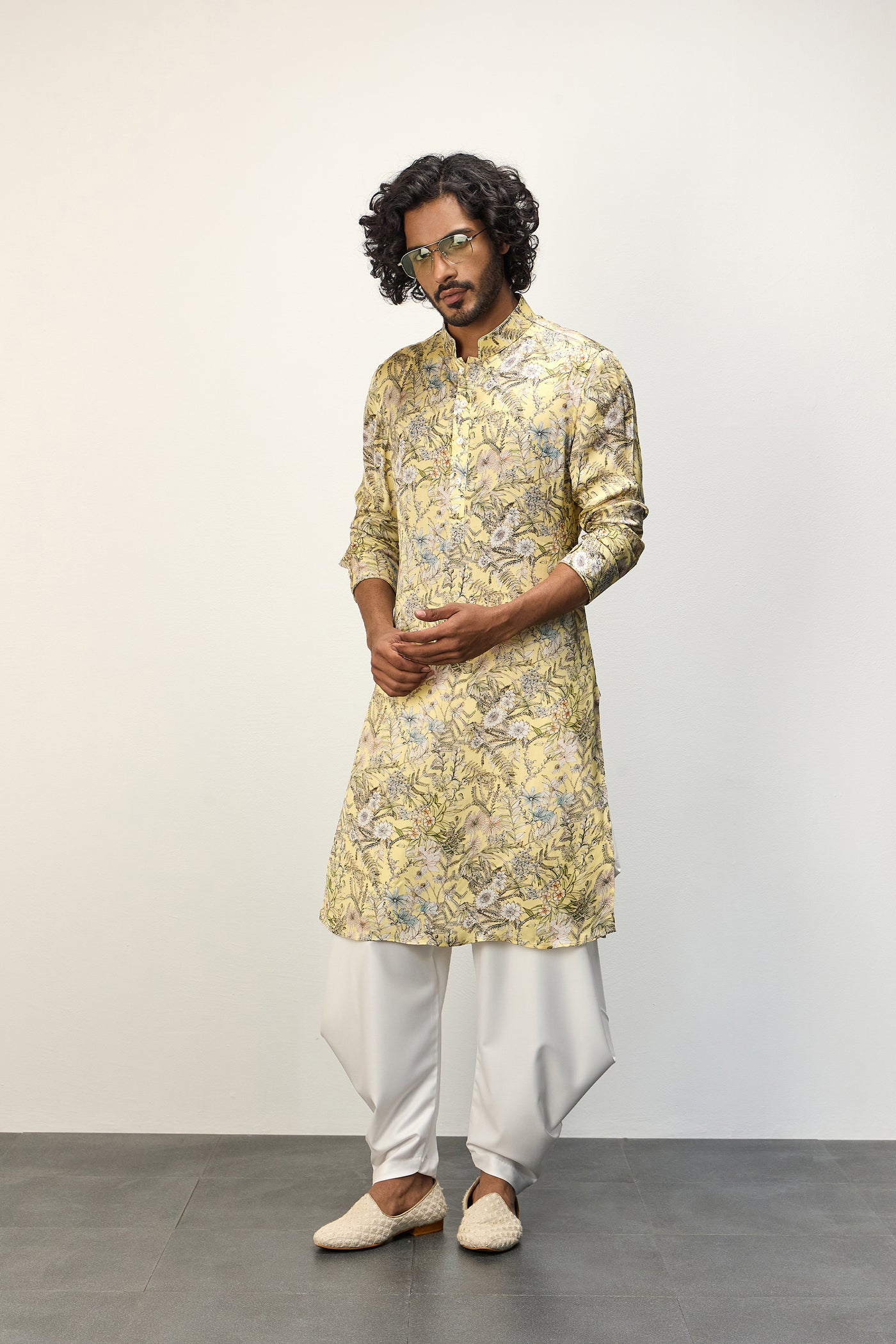 Arjan Dugal Printed Kurta Pastel Yellow Set indian designer wear online shopping melange singapore