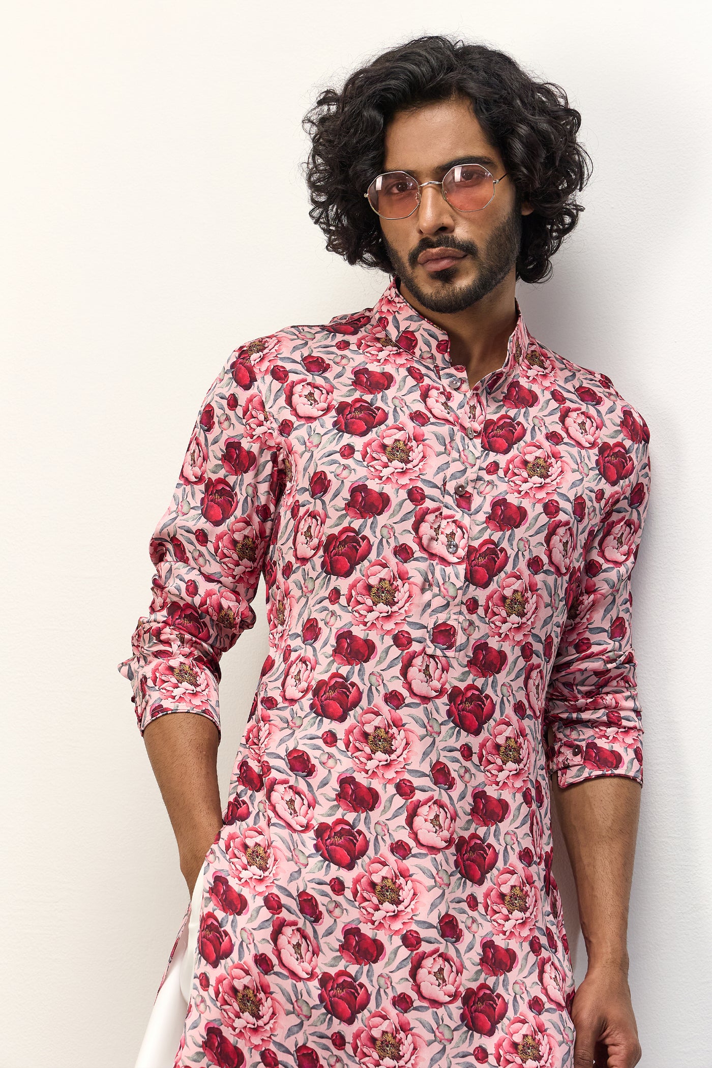 Arjan Dugal Printed Kurta Set Pink Peonies indian designer wear online shopping melange singapore