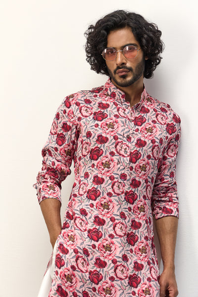 Arjan Dugal Printed Kurta Set Pink Peonies indian designer wear online shopping melange singapore