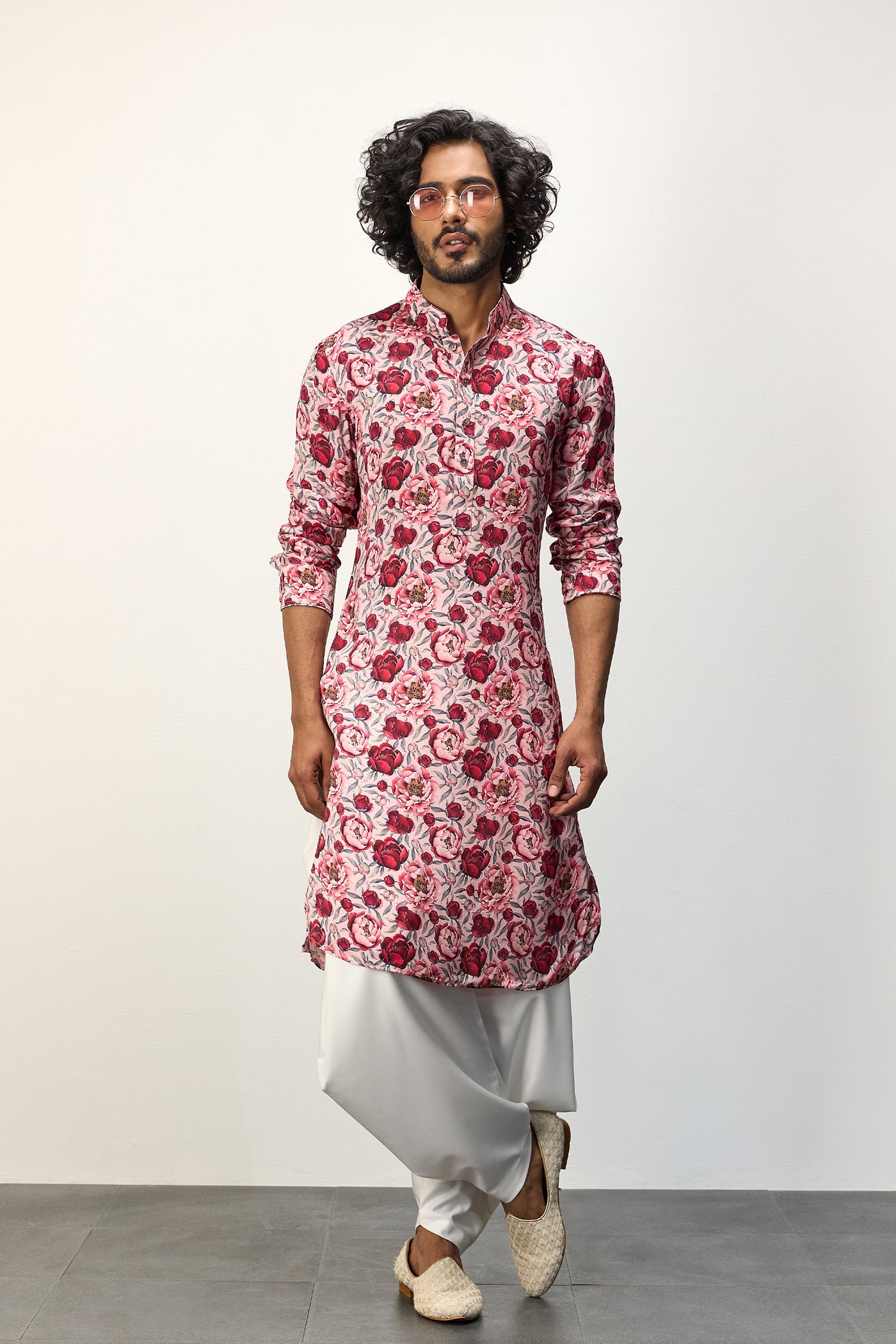 Arjan Dugal Printed Kurta Set Pink Peonies indian designer wear online shopping melange singapore