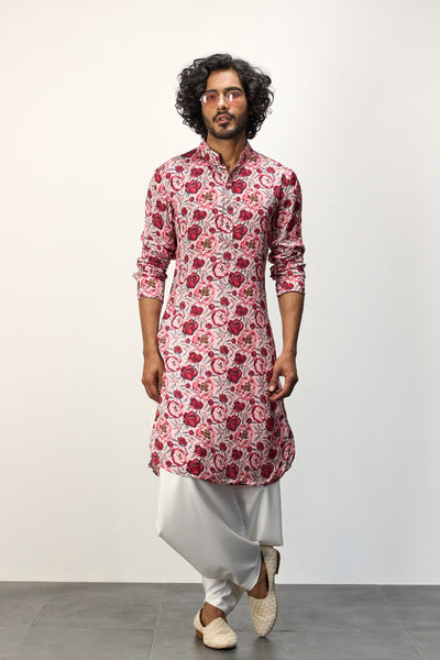 Arjan Dugal Printed Kurta Set Pink Peonies indian designer wear online shopping melange singapore