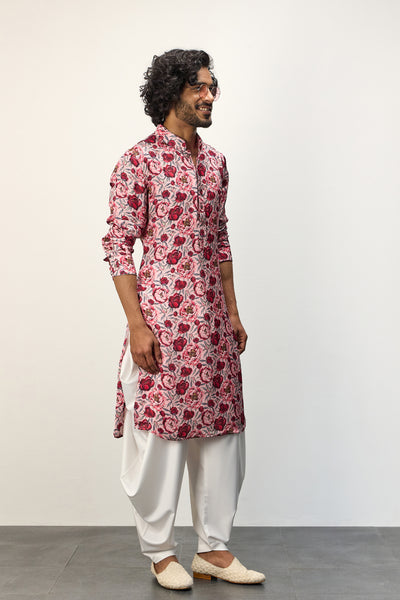 Arjan Dugal Printed Kurta Set Pink Peonies indian designer wear online shopping melange singapore