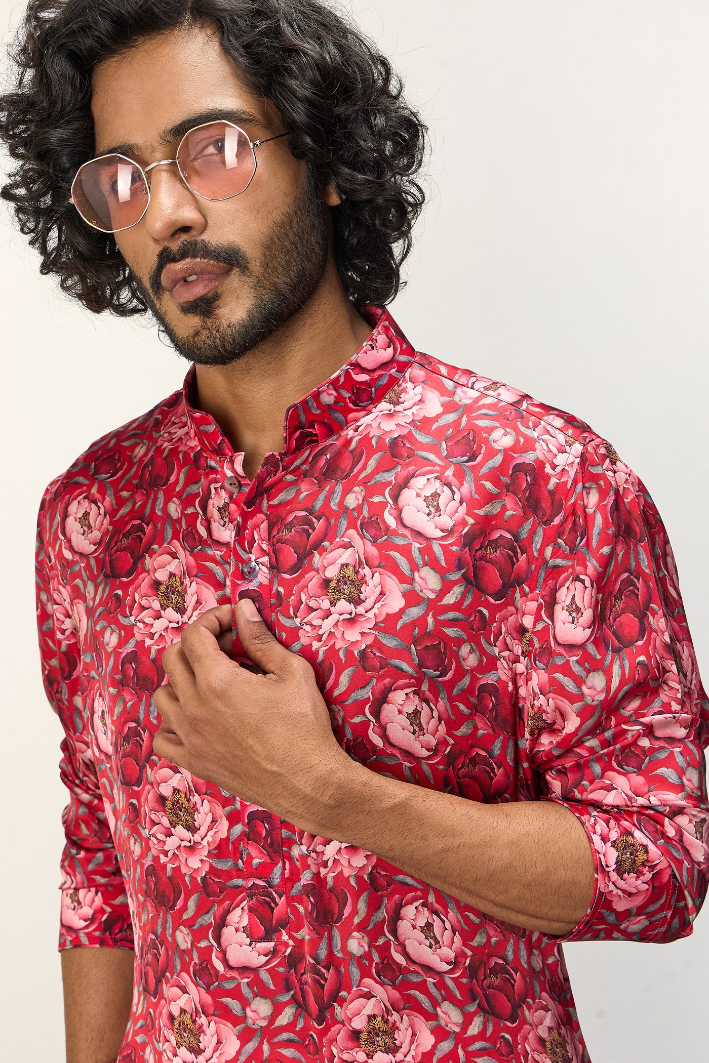 Arjan Dugal Printed Kurta Set Red Peonies indian designer wear online shopping melange singapore