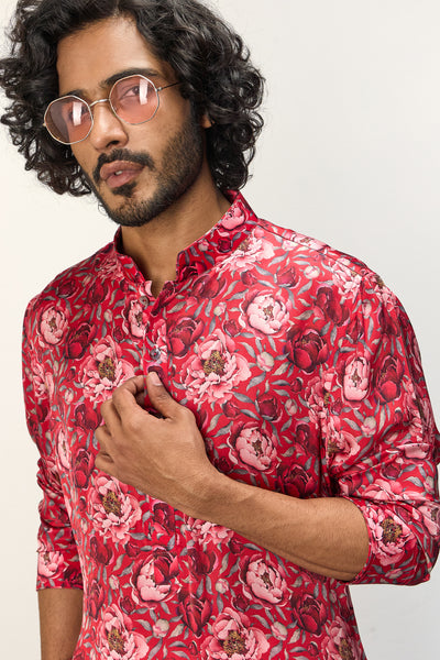 Arjan Dugal Printed Kurta Set Red Peonies indian designer wear online shopping melange singapore