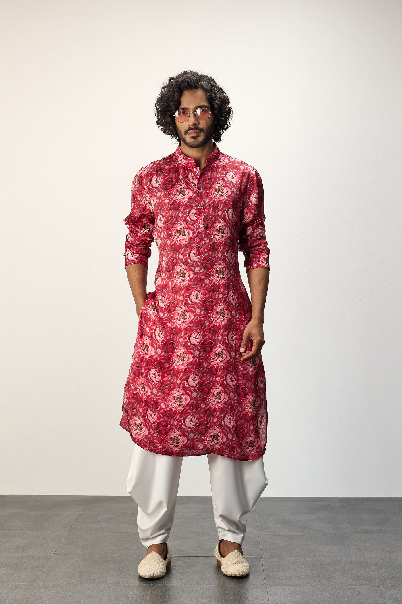 Arjan Dugal Printed Kurta Set Red Peonies indian designer wear online shopping melange singapore