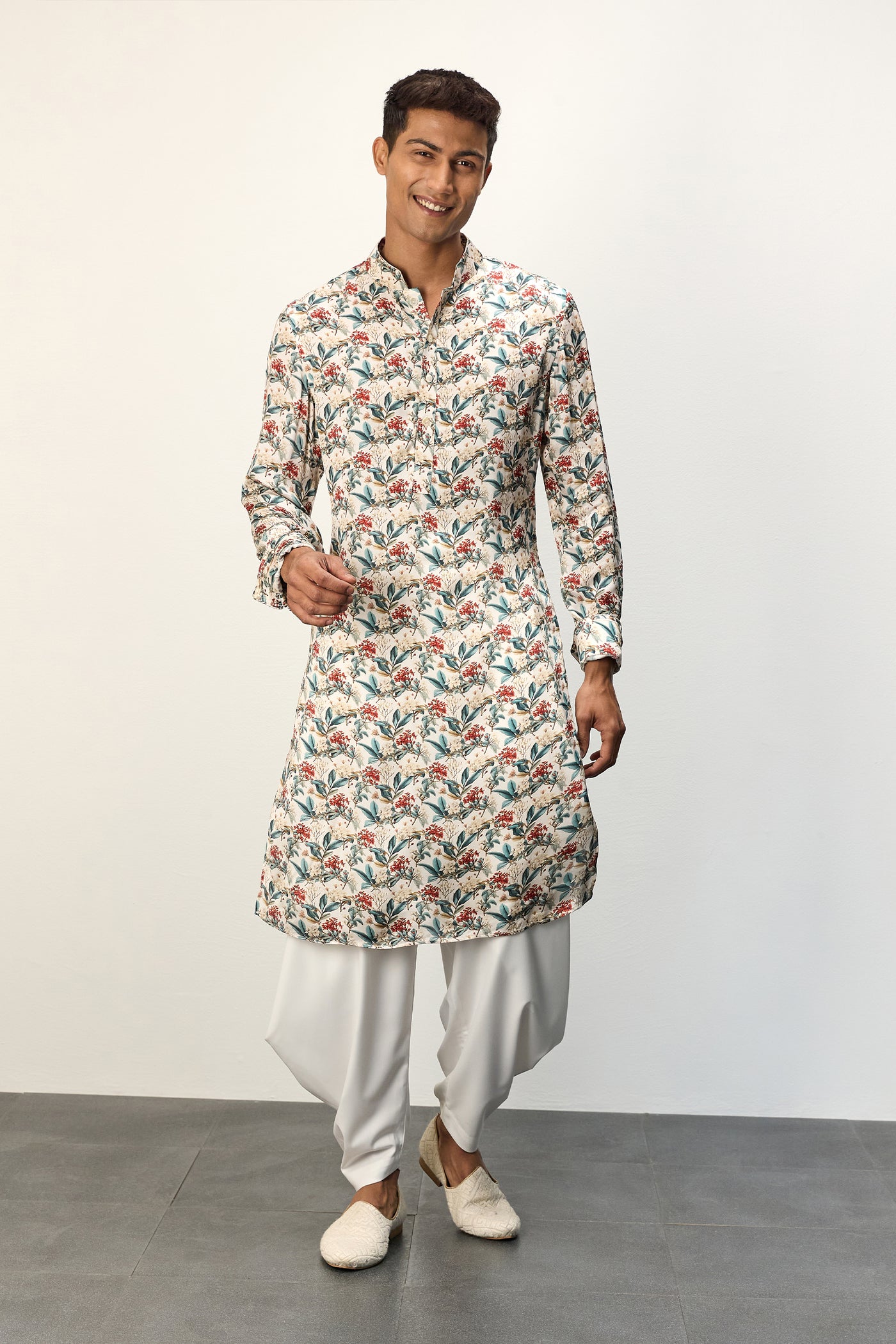 Arjan Dugal Printed Kurta Set Scarlet Sage Ivory indian designer wear online shopping melange singapore