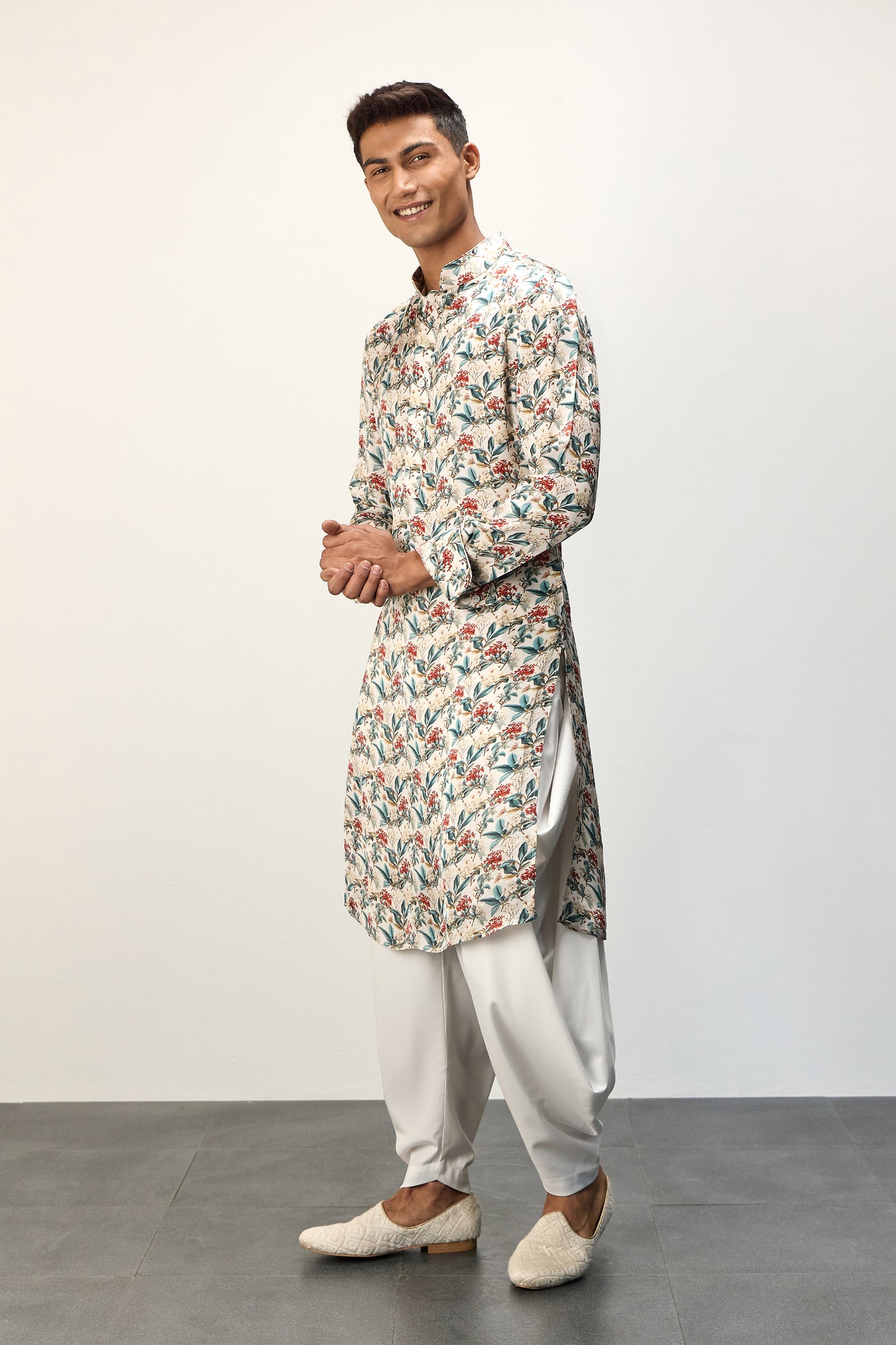 Arjan Dugal Printed Kurta Set Scarlet Sage Ivory indian designer wear online shopping melange singapore