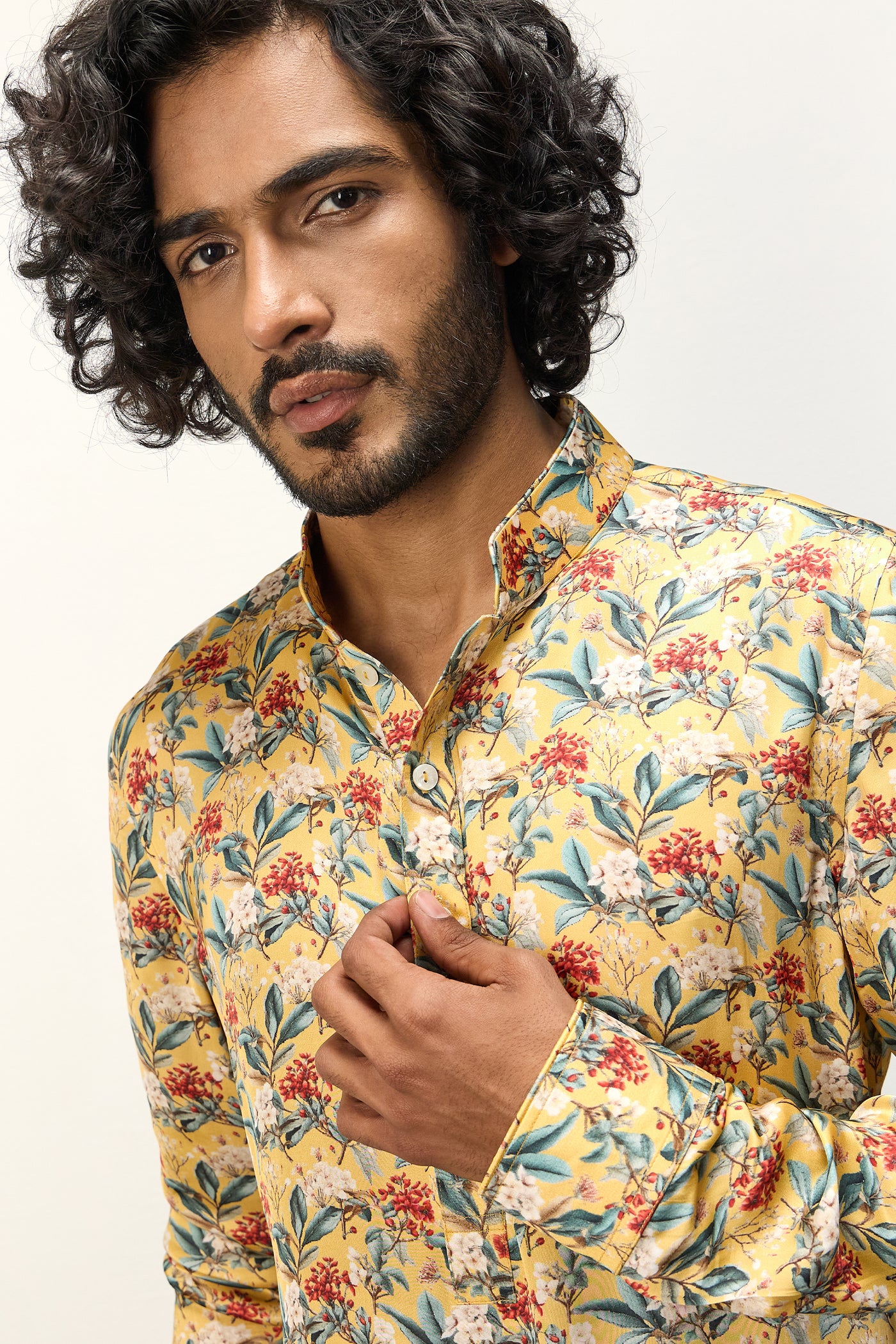 Arjan Dugal Printed Kurta Set Scarlet Sage Mustard indian designer wear online shopping melange singapore