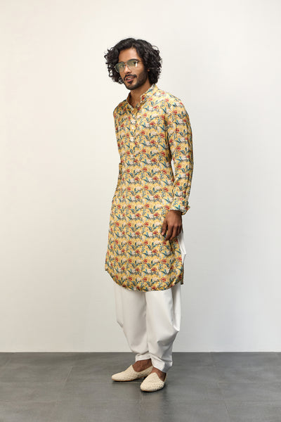 Arjan Dugal Printed Kurta Set Scarlet Sage Mustard indian designer wear online shopping melange singapore