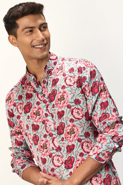 Arjan Dugal Printed Kurta Set Turquoise Peonies indian designer wear online shopping melange singapore