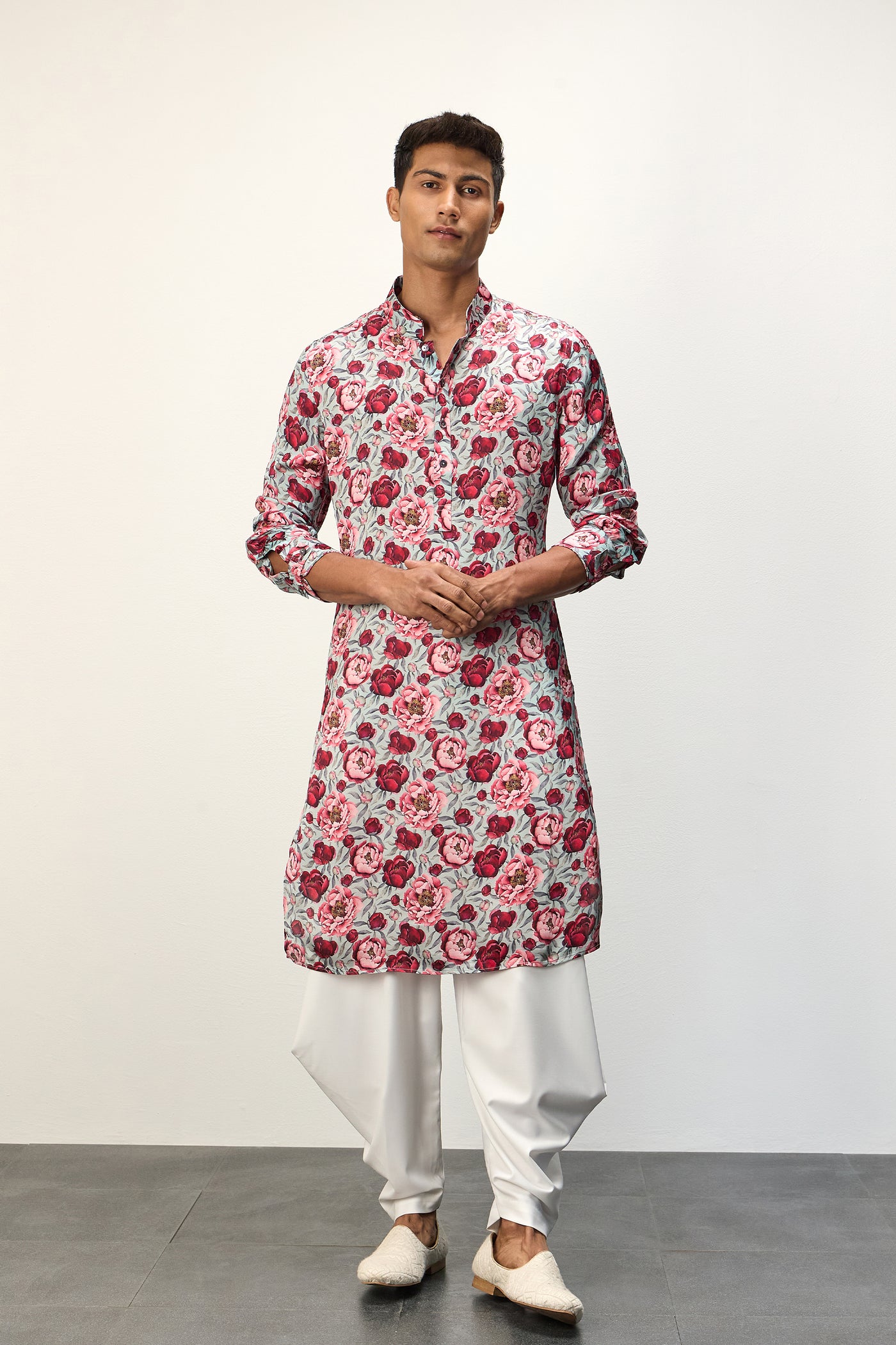 Arjan Dugal Printed Kurta Set Turquoise Peonies indian designer wear online shopping melange singapore