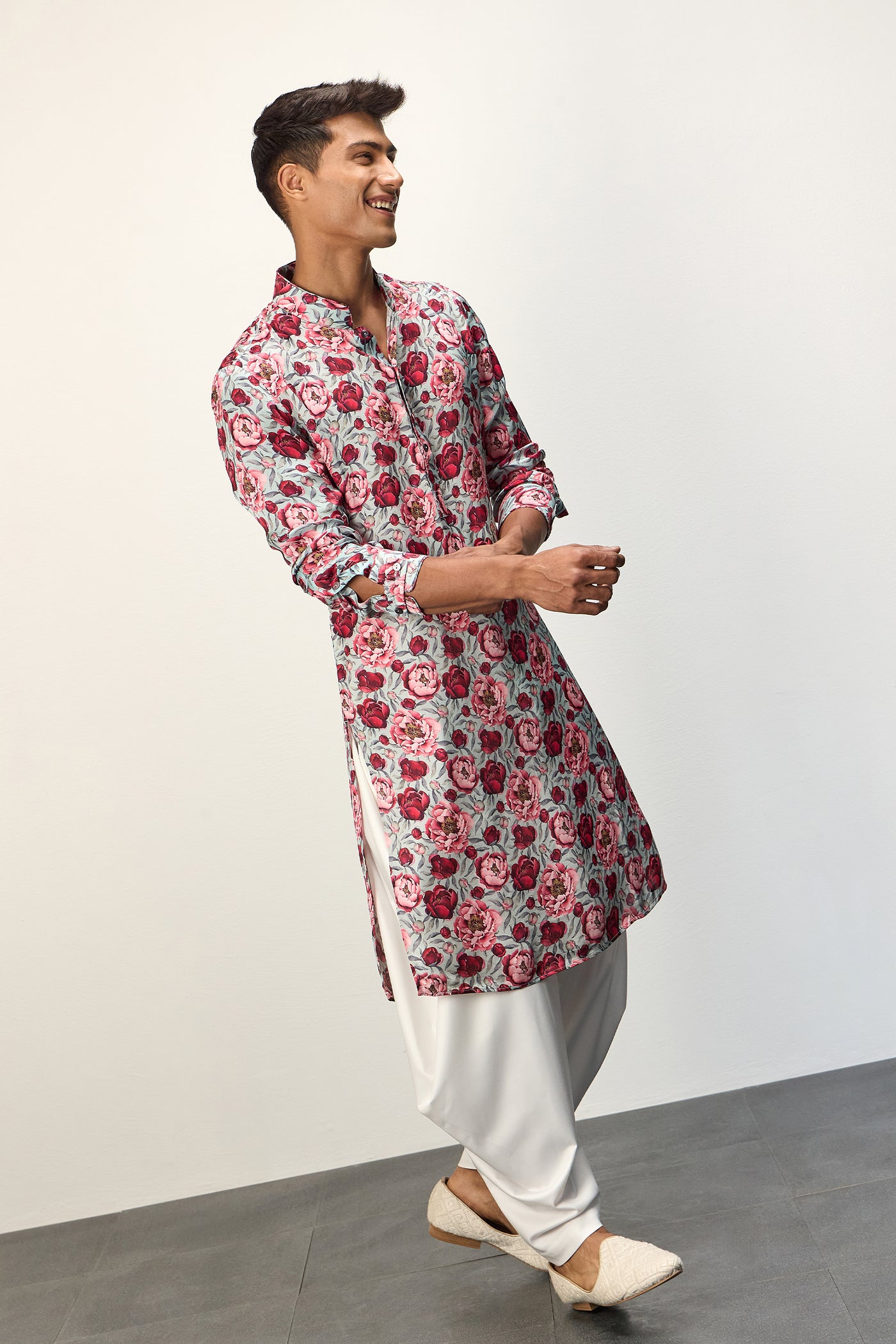 Arjan Dugal Printed Kurta Set Turquoise Peonies indian designer wear online shopping melange singapore