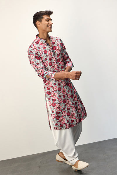 Arjan Dugal Printed Kurta Set Turquoise Peonies indian designer wear online shopping melange singapore