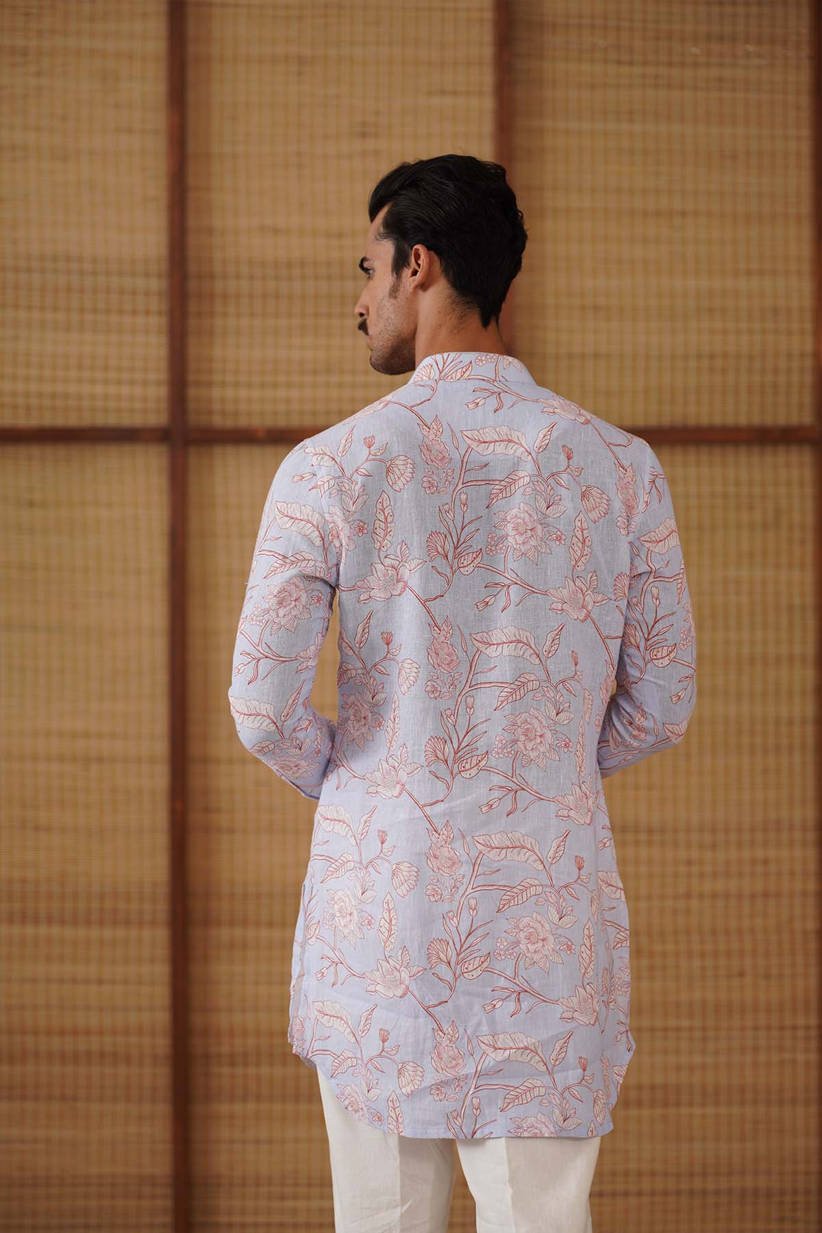 Arjan Dugal Soft Blue Floral Linen Printed Short Kurta Set indian designer wear online shopping melange singapore 