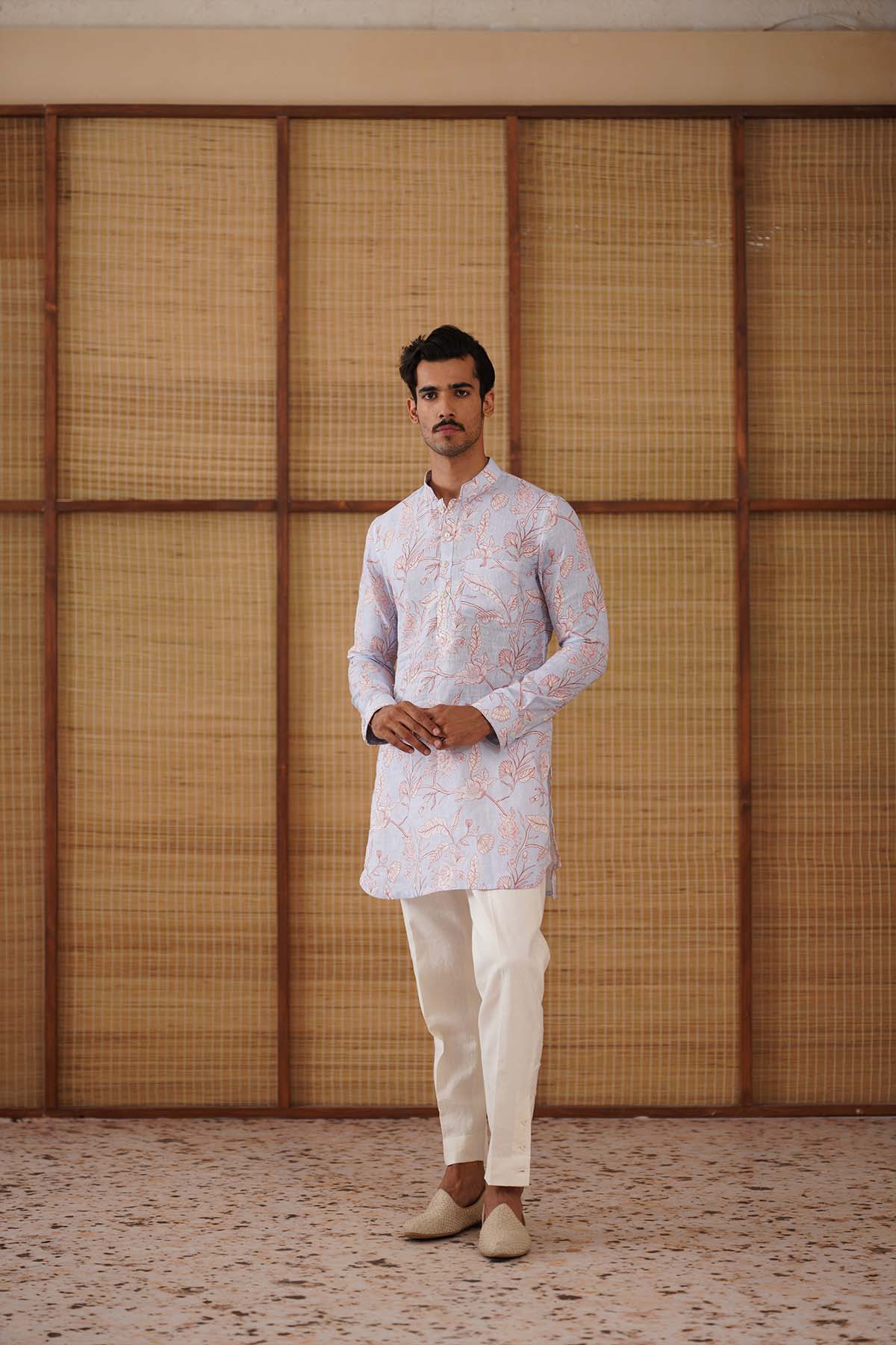 Arjan Dugal Soft Blue Floral Linen Printed Short Kurta Set indian designer wear online shopping melange singapore 