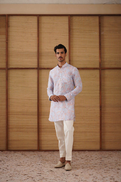 Arjan Dugal Soft Blue Floral Linen Printed Short Kurta Set indian designer wear online shopping melange singapore 