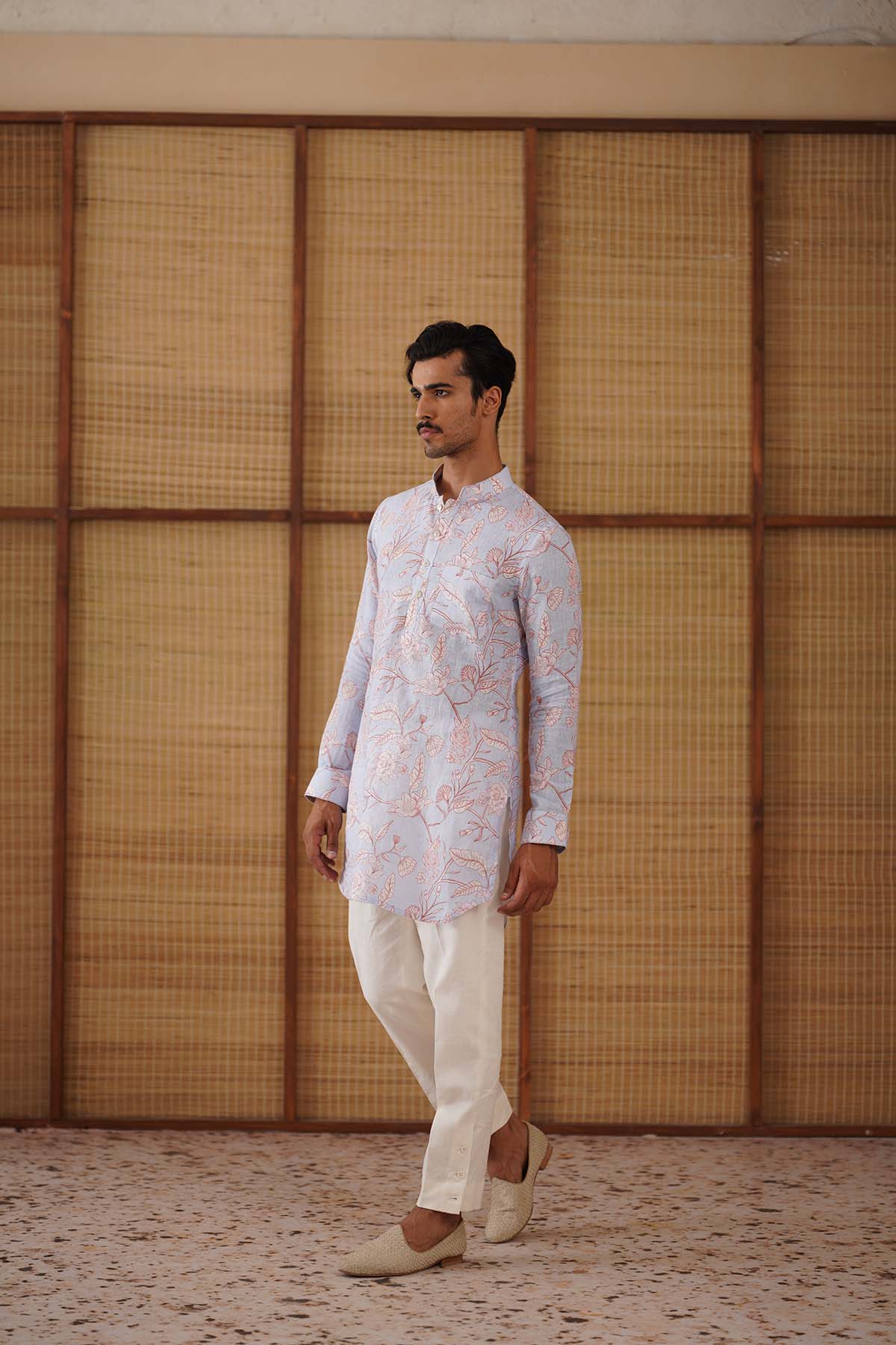 Arjan Dugal Soft Blue Floral Linen Printed Short Kurta Set indian designer wear online shopping melange singapore 