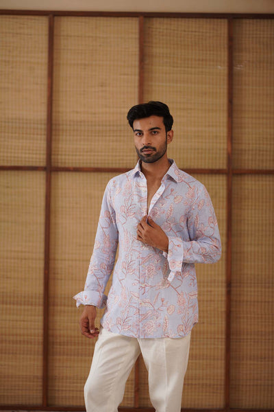 Arjan Dugal Soft Blue Floral Printed Linen Shirt Set indian designer wear online shopping melange singapore 