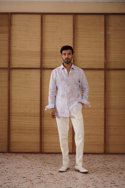 Arjan Dugal Soft Blue Floral Printed Linen Shirt Set indian designer wear online shopping melange singapore 