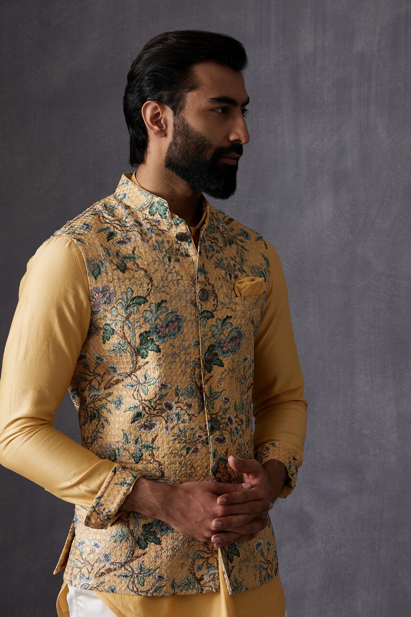 Arjan Dugal Tropikal Mustard Inara Nehru Jacket Indian designer wear online shopping melange singapore