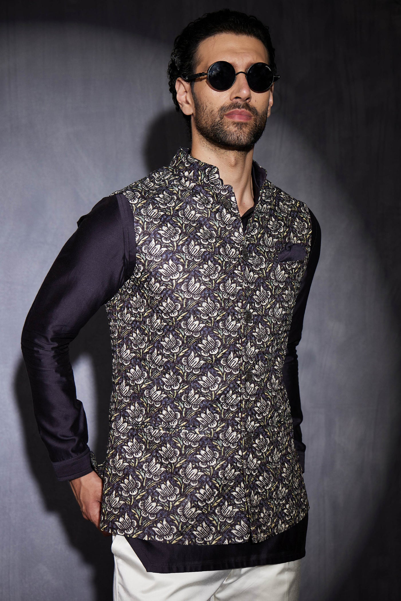 Arjan Dugal Tropical Inara Navy Wild Nehru Jacket Indian designer wear online shopping melange singapore