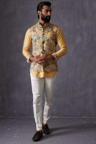 Arjan Dugal Tropikal Mustard Inara Nehru Jacket Indian designer wear online shopping melange singapore