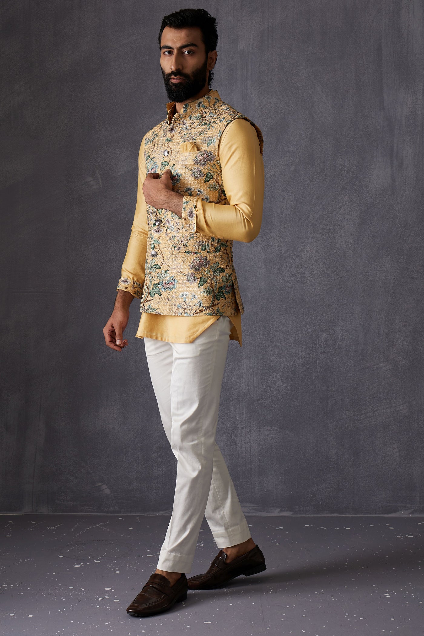 Arjan Dugal Tropikal Mustard Inara Nehru Jacket Indian designer wear online shopping melange singapore