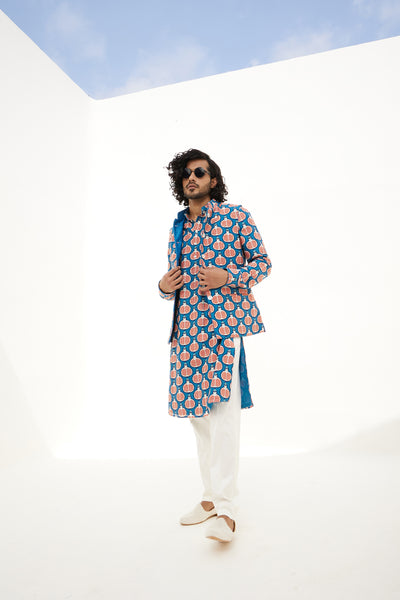 Arjan Dugal Ocean Blue Printed Kurta With Off White Churidar Indian designer wear online shopping melange singapore