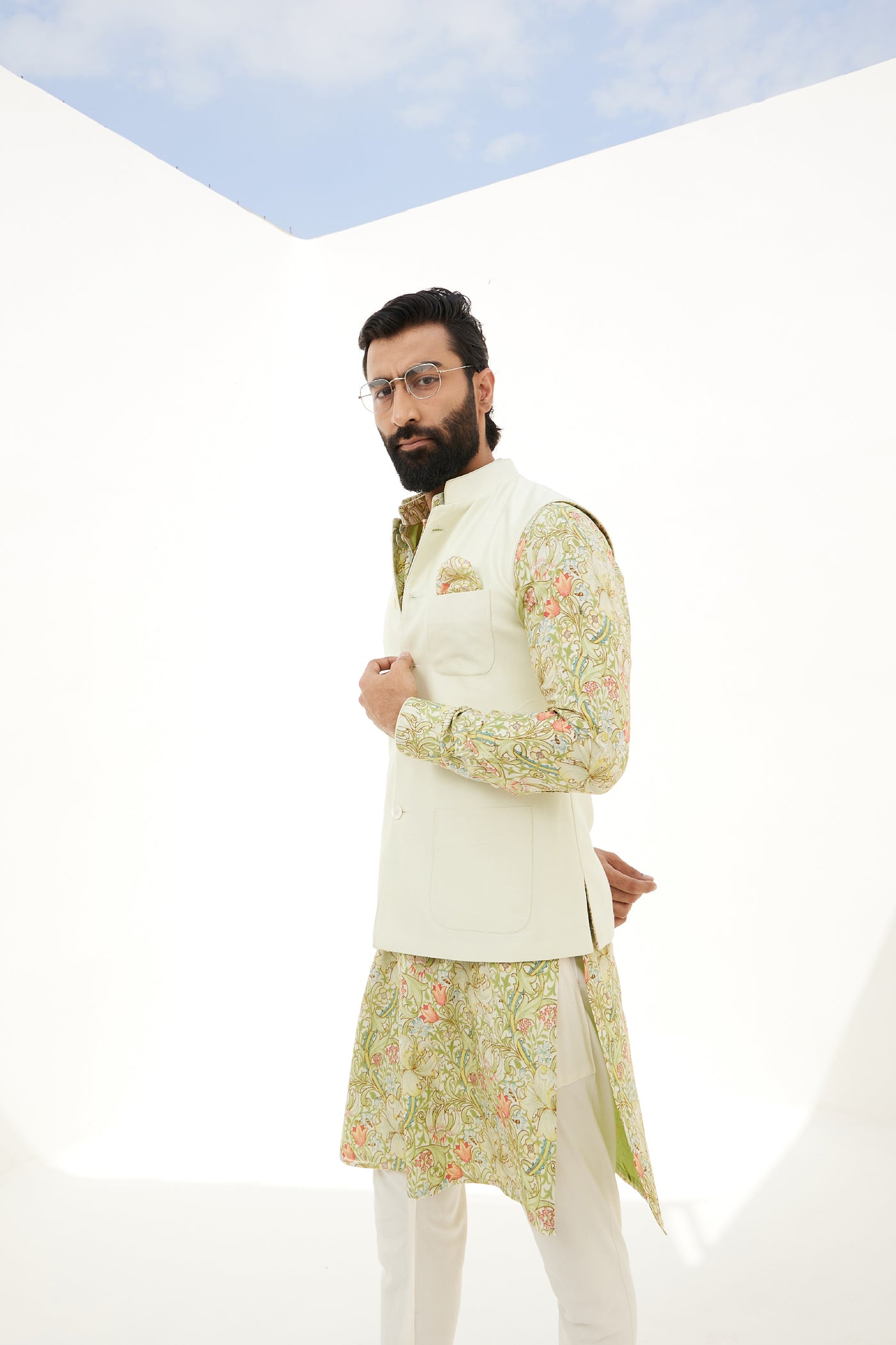 Arjan Dugal Frost Green Chanderi Silk Reversible Jacket Indian designer wear online shopping melange singapore