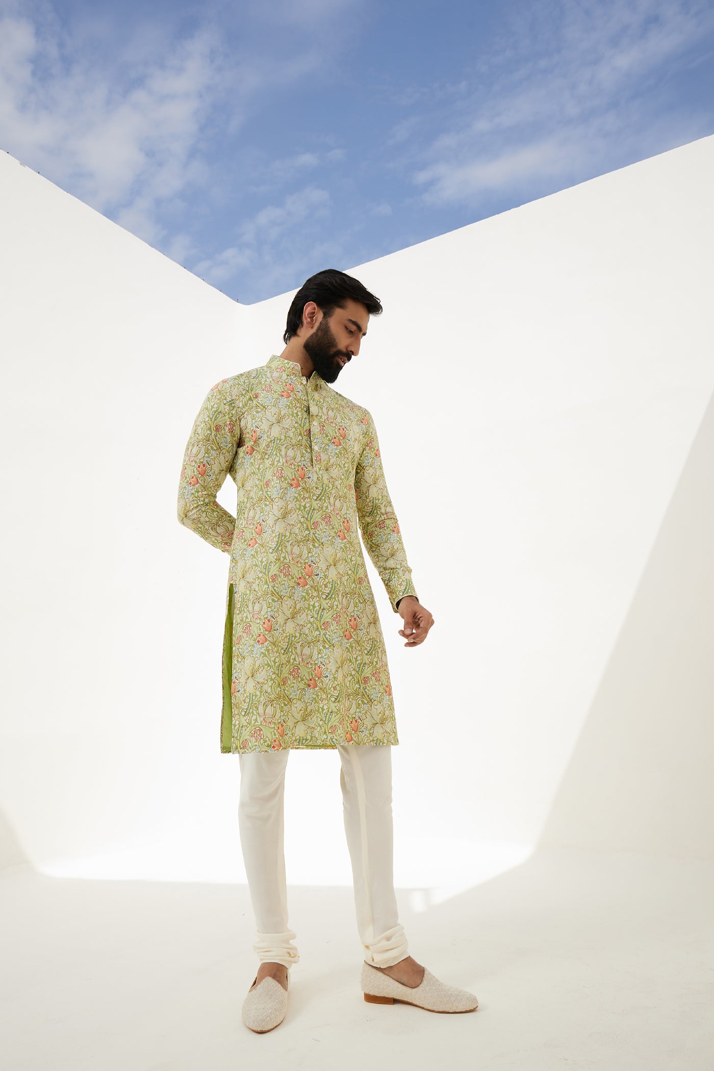 Arjan Dugal Printed kurta with off white Churidar Indian designer wear online shopping melange singapore