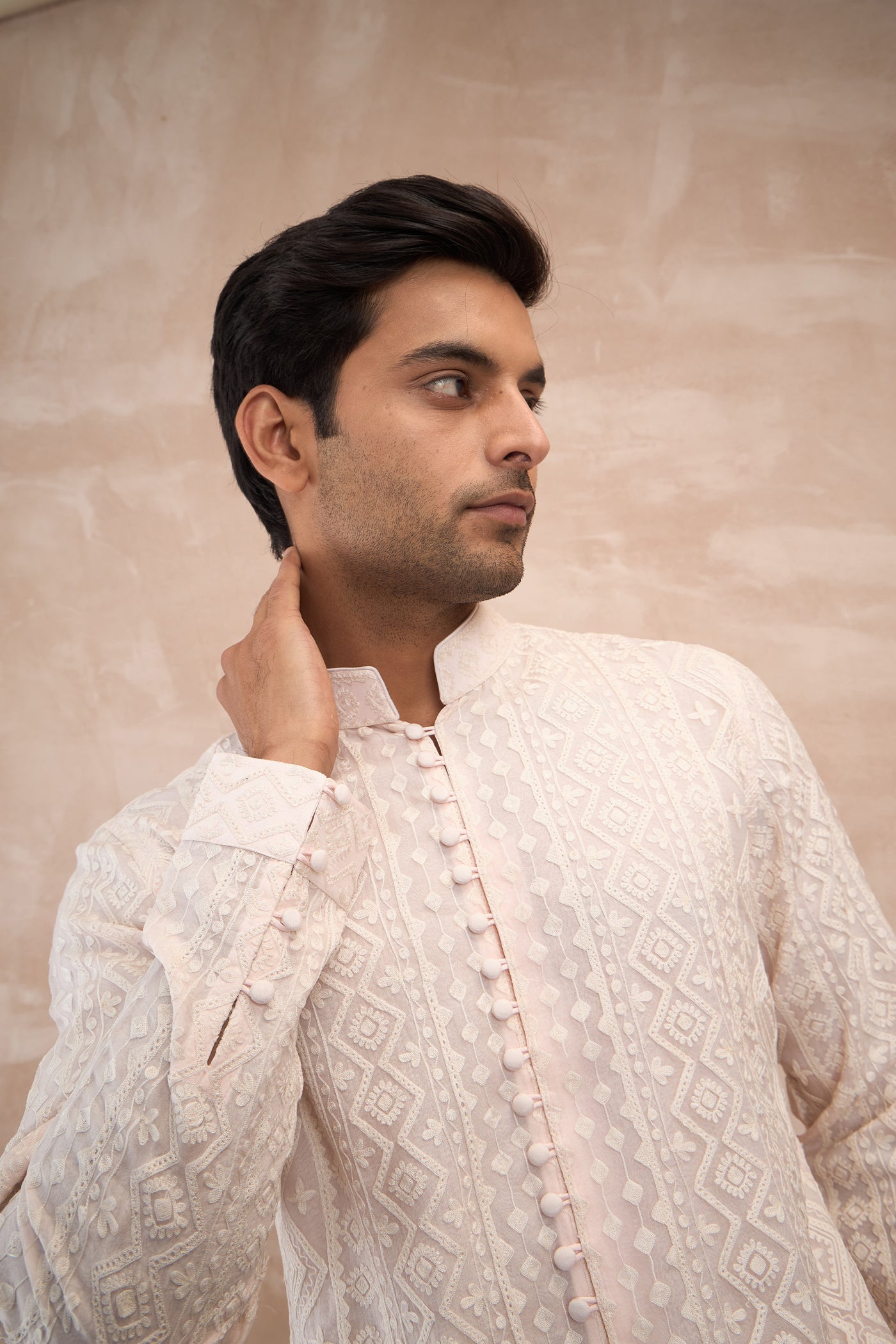 Arjan Dugal Vertical Aari Flb Kurta Shirt Set Powder Pink indian designer wear online shopping melange singapore