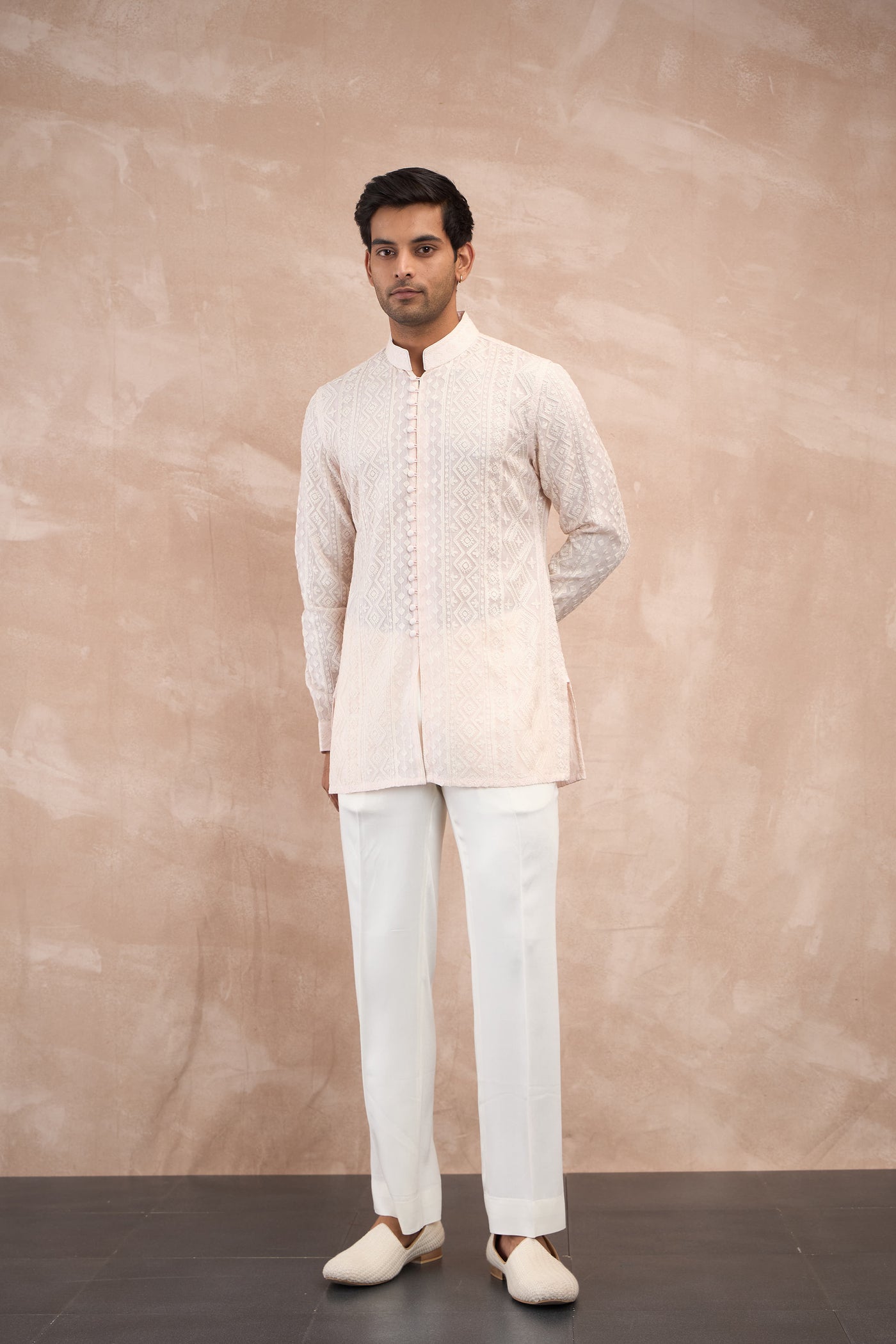 Arjan Dugal Vertical Aari Flb Kurta Shirt Set Powder Pink indian designer wear online shopping melange singapore