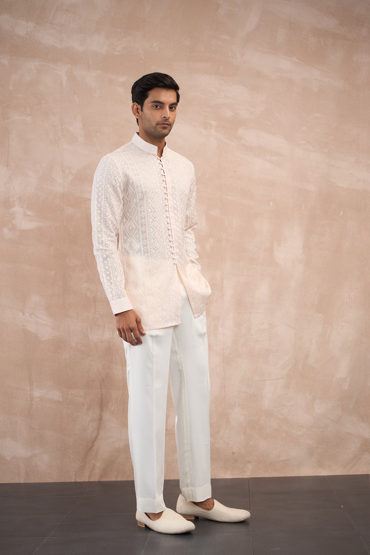 Arjan Dugal Vertical Aari Flb Kurta Shirt Set Powder Pink indian designer wear online shopping melange singapore