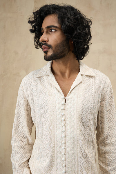 Arjan Dugal Vertical Dori FLB Kurta shirt Off White Set indian designer wear online shopping melange singapore