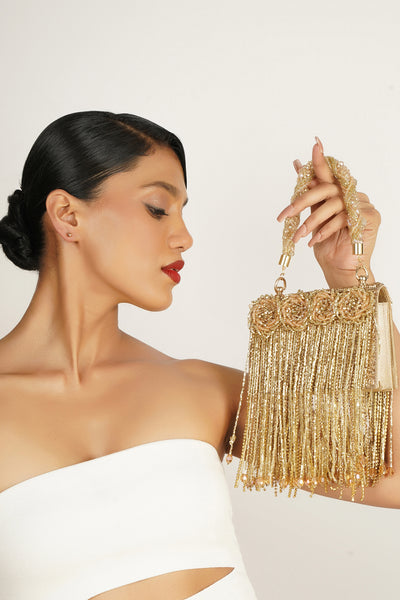 Bijoux Gold Embroidered Box Clutch indian designer wear online shopping melange singapore