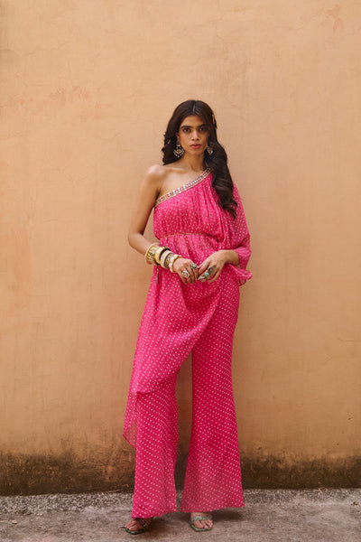 Chamee and Palak Jaipur Pink One Shoulder Set Indian designer wear online shopping melange singapore