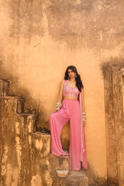 Chamee and Palak Pale Pink Bandhani Jacket Set Indian designer wear online shopping melange singapore