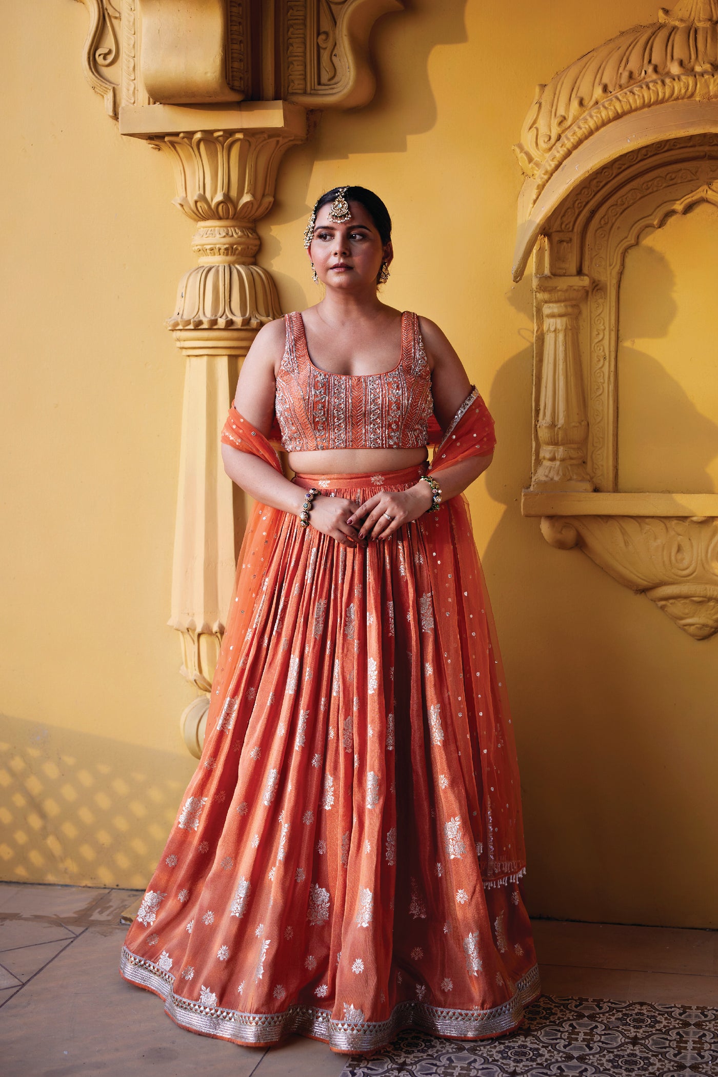 Chamee and Palak Rust Zest Jamewar Lehenga indian designer wear online shopping melange singapore