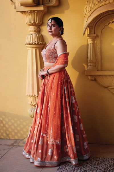 Chamee and Palak Rust Zest Jamewar Lehenga indian designer wear online shopping melange singapore