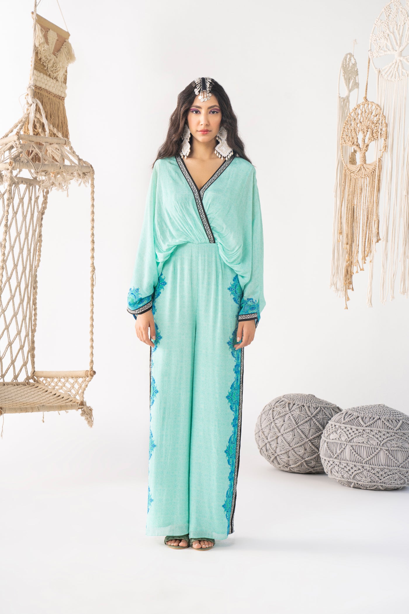 Chhavvi Aggarwal Aqua Blue Printed Jumpsuit indian designer wear online shopping melange singapore