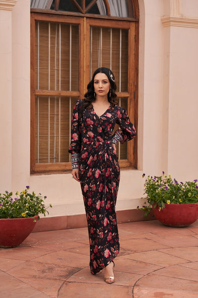 Chhavvi Aggarwal Black Printed Draped Dress indian designer wear online shopping melange singapore