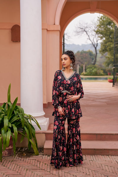 Chhavvi Aggarwal Black Printed Kimono Sleeve Sharara Set indian designer wear online shopping melange singapore