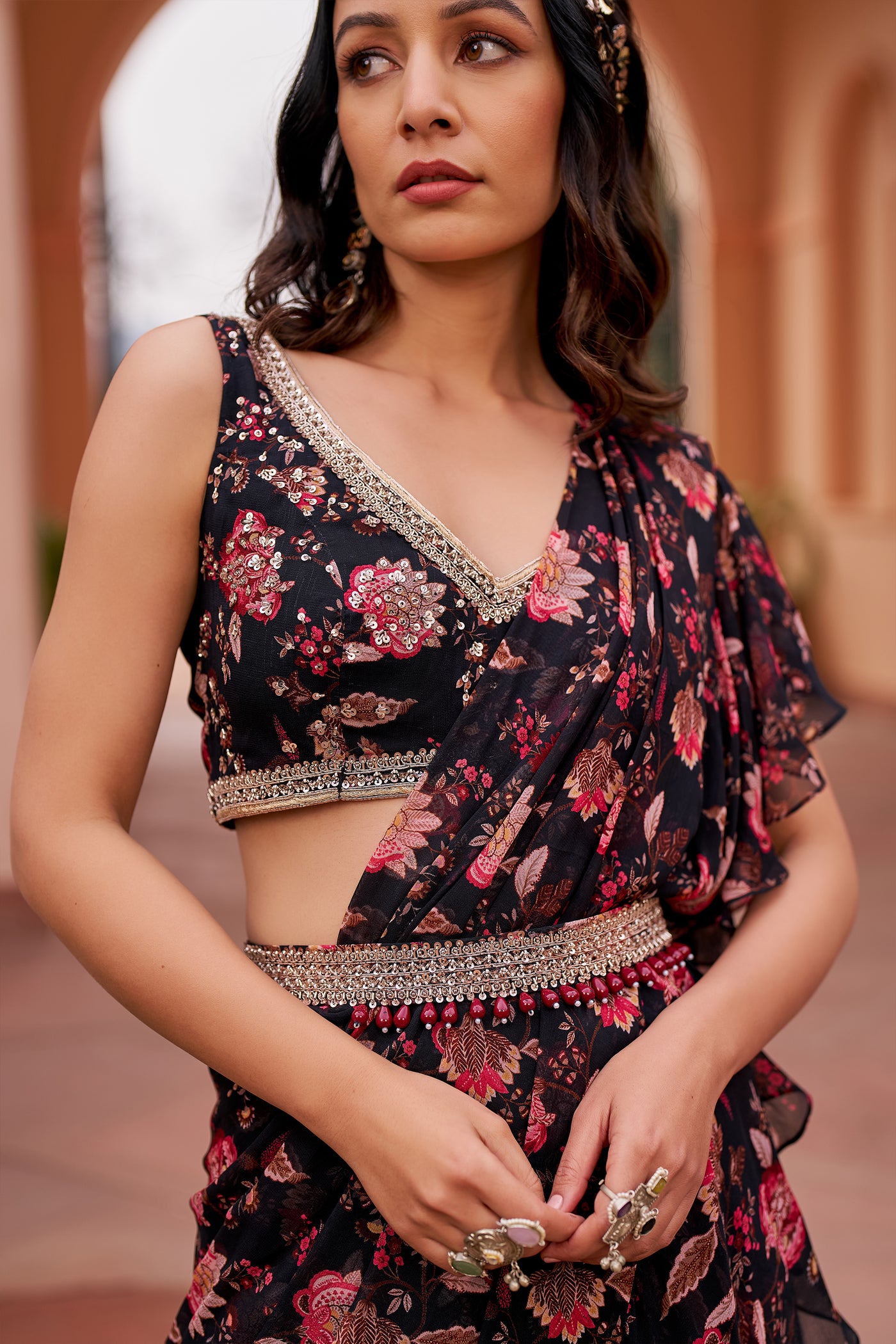 Chhavvi Aggarwal Black Printed Saree With Blouse And Belt indian designer wear online shopping melange singapore